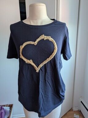 Renuar Navy Short Sleeve Tee with Gold Sequin Heart